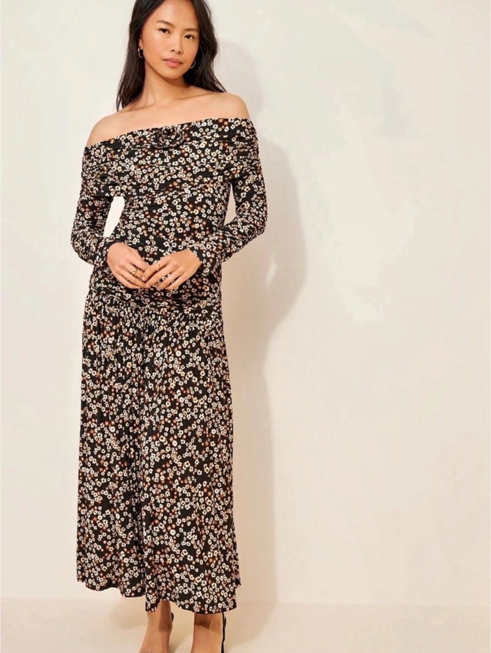 Farm Rio Floral Off-Shoulder Maxi in Black & Orange - Size M